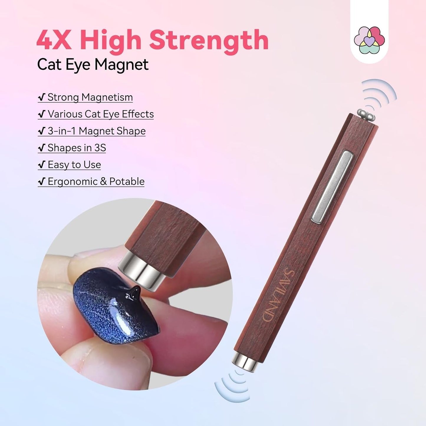 SAVILAND 4X Magneti per occhi di gatto ad alta resistenza per gioielli: Magnete per occhi di gatto 3-in-1 Rund Lange Streifenperle N35 Magnete ultra forte al neodimio per prodotti per la cura dei piedi 3S Formung Cat Eye Gel Magnete per occhi di gatto Magnetstift