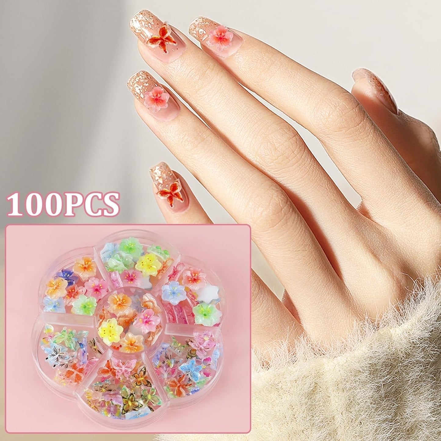 YICH Ciondoli per unghie Nägel Charms 50 pezzi fiori 3D + 50 pezzi 3D Schmetterling, Summer Nägel Deko Set Schmetterling/Fiori Nail Art Nail art