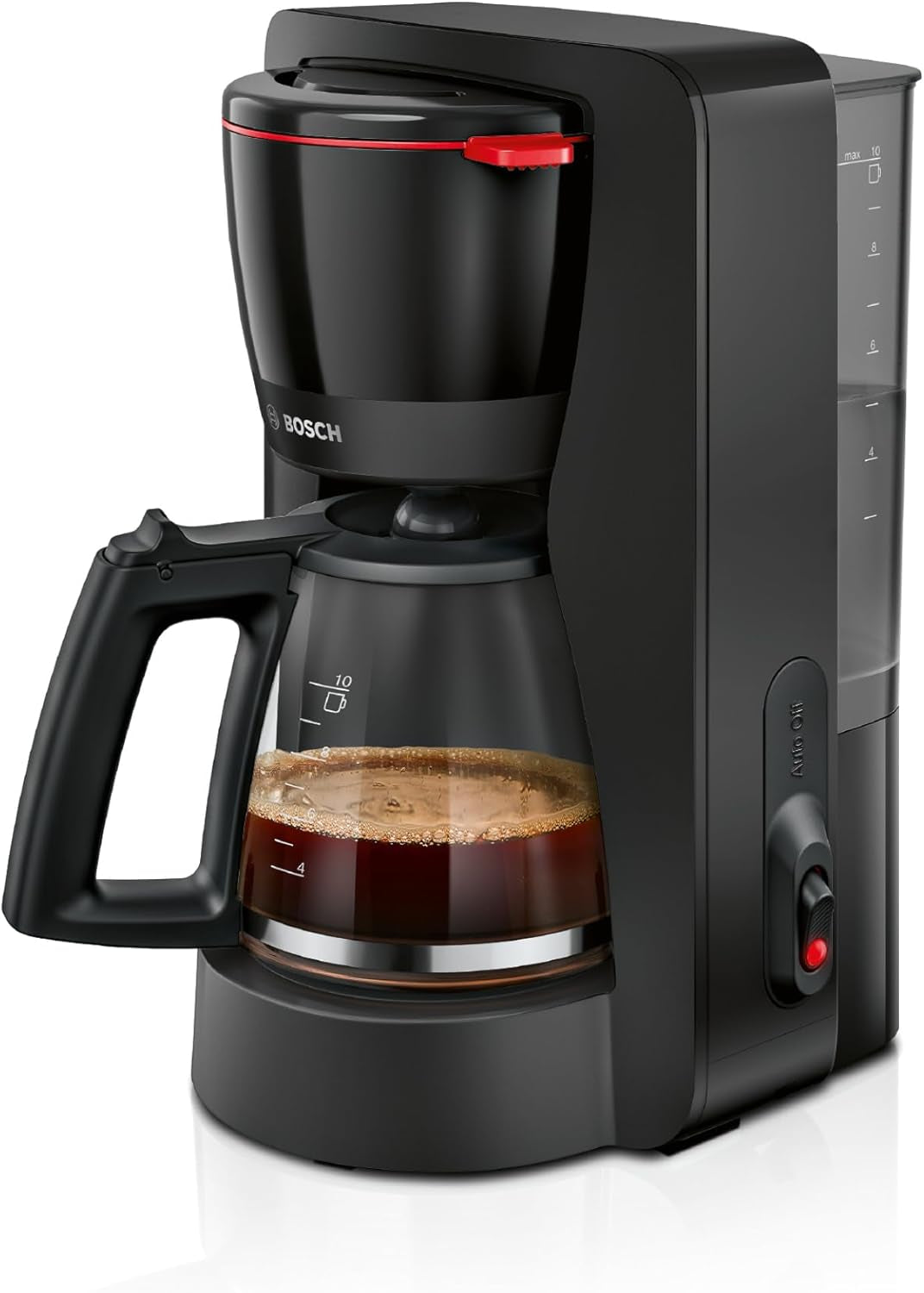 Bosch MyMoment TKA2M113 Macchina per caffè espresso con filtro, caraffa in vetro da 1,25 l, 10-15 tazze, funzione di mantenimento in caldo 40 minuti, sistema antigoccia, portafiltro girevole, serbatoio dell'acqua removibile, 1200 Watt, nero opaco