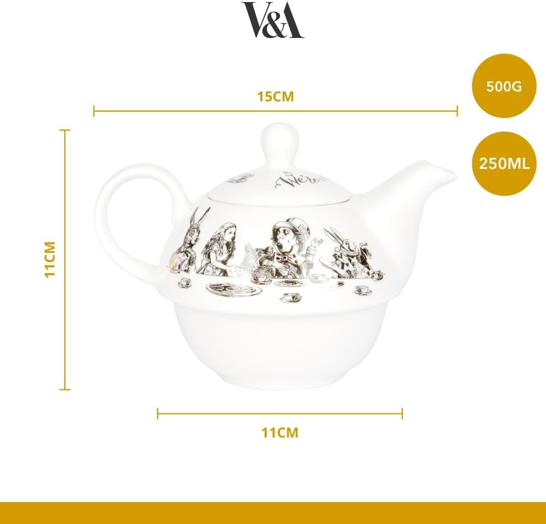 Set teiera e tazza Alice nel Paese delle Meraviglie per 1 persona in confezione regalo, servizio da tè in fine porcellana, bianco, 250ml