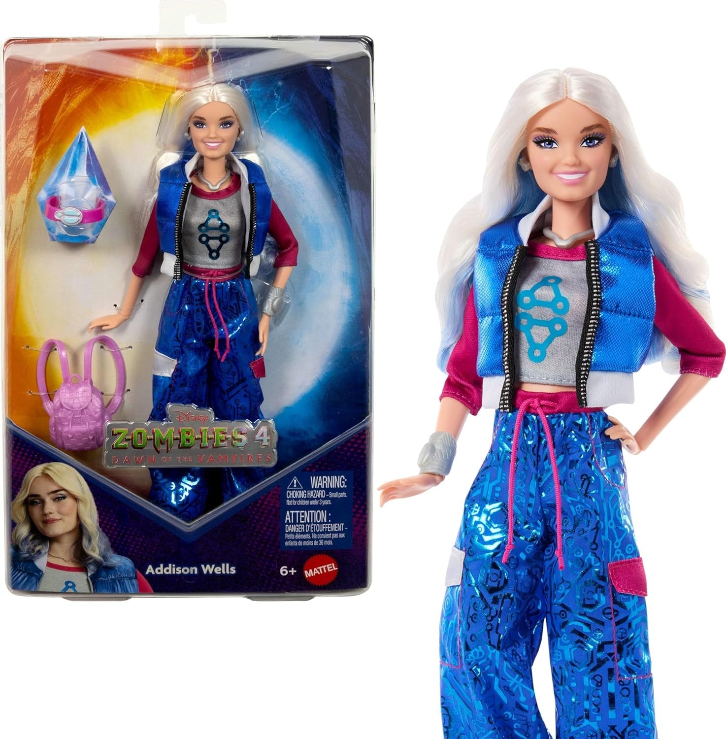 Mattel Disney Zombies 4: L'alba dei vampiri Addison Wells bambola alla moda con vestito staccabile e 6 accessori ispirati al film, JFG32