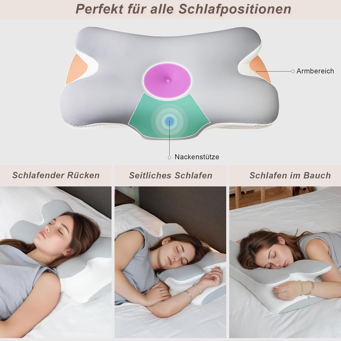 Cuscino per il collo Cuscino ortopedico per la testa Cuscino in memory foam Cuscino per impatti laterali - Design ergonomico Forma cava Per impatti laterali, posteriori e addominali Cuscini ortopedici cervicali grigio chiaro Naty Shop