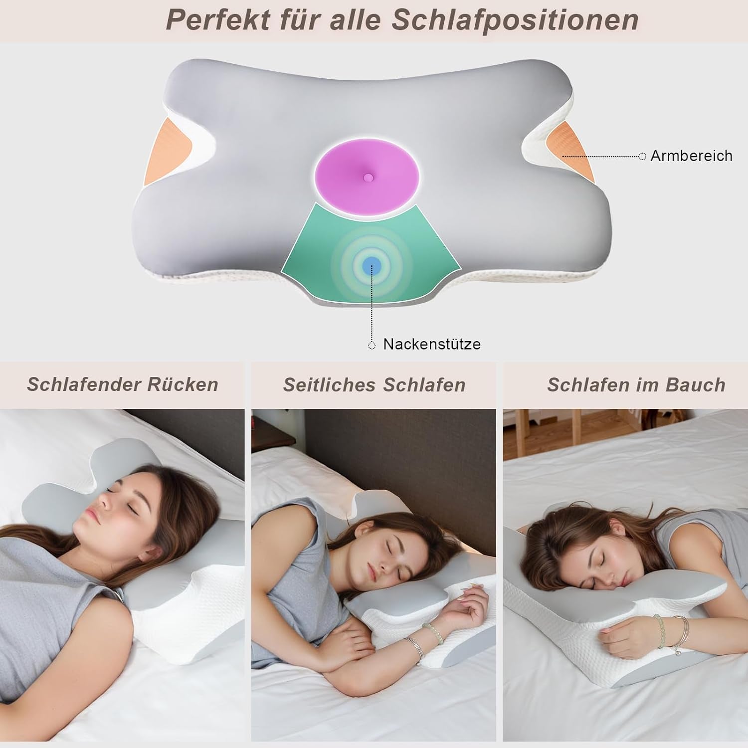 Cuscino per il collo Cuscino ortopedico per la testa Cuscino in memory foam Cuscino per impatti laterali - Design ergonomico Forma cava Per impatti laterali, posteriori e addominali Cuscini ortopedici cervicali grigio chiaro Naty Shop