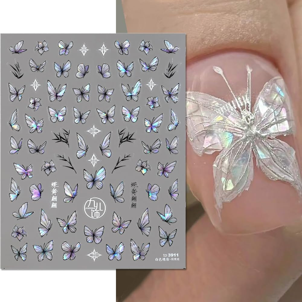 2 Blätter Schmetterling Nagelsticker Selbstklebend,Muschel Glitzer Nail Art Farfalla Adesivo per unghie Lila Grau Schmetterlinge Nagelaufkleber Relief Laser Farfalle Nagel Sticker Nageldesign Zubehör