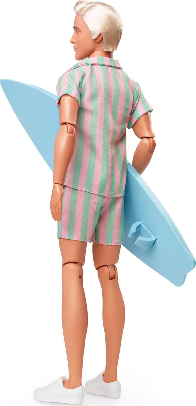 Barbie Movie Ken Barbie Doll in costume da bagno a righe rosa pastello e verde, tavola da surf e scarpe da ginnastica bianche, JBJ54