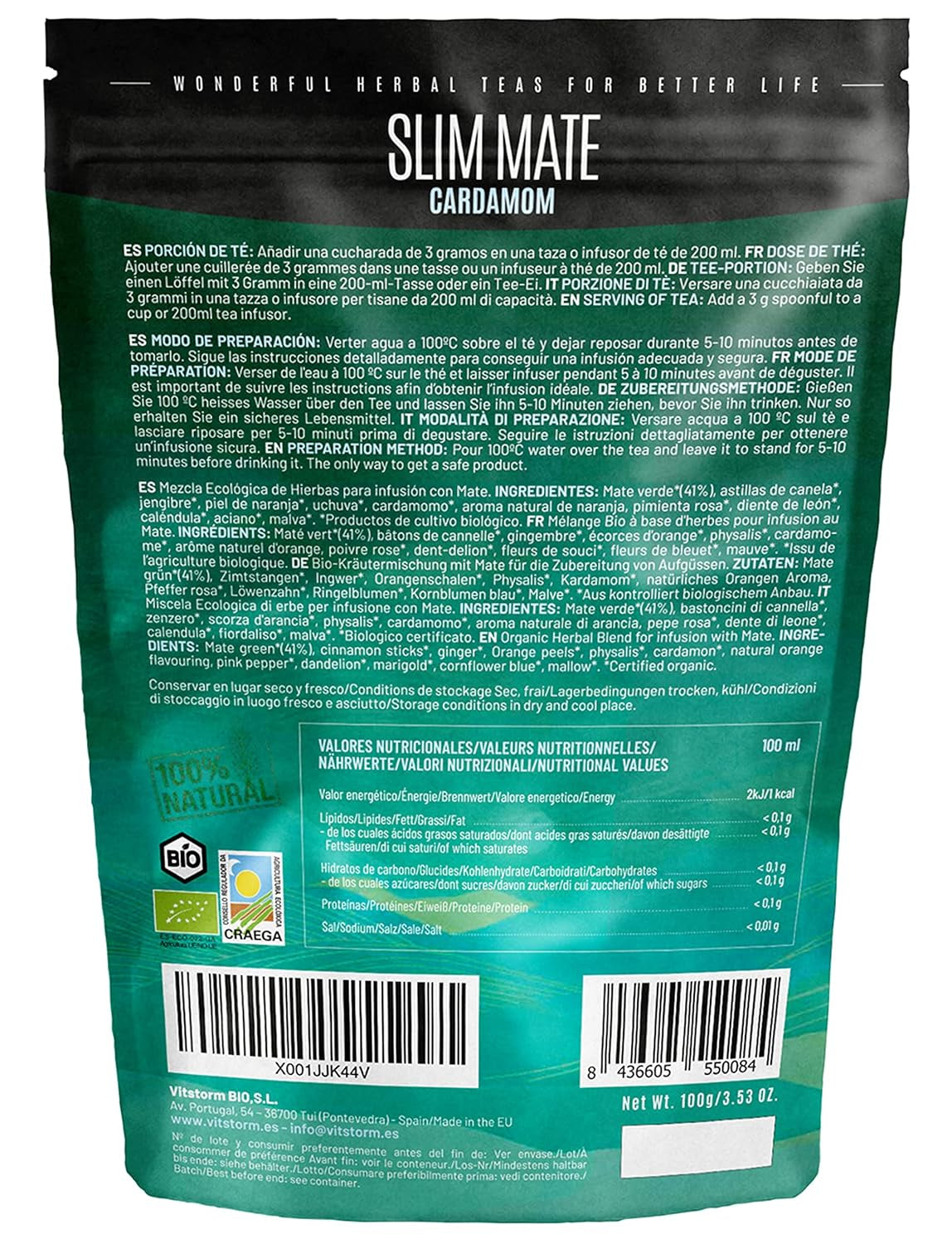 VITSTORM® Slim Tea Cardamom – Tè Yerba Mate BIO – Tè disintossicante e diuretico – 100G