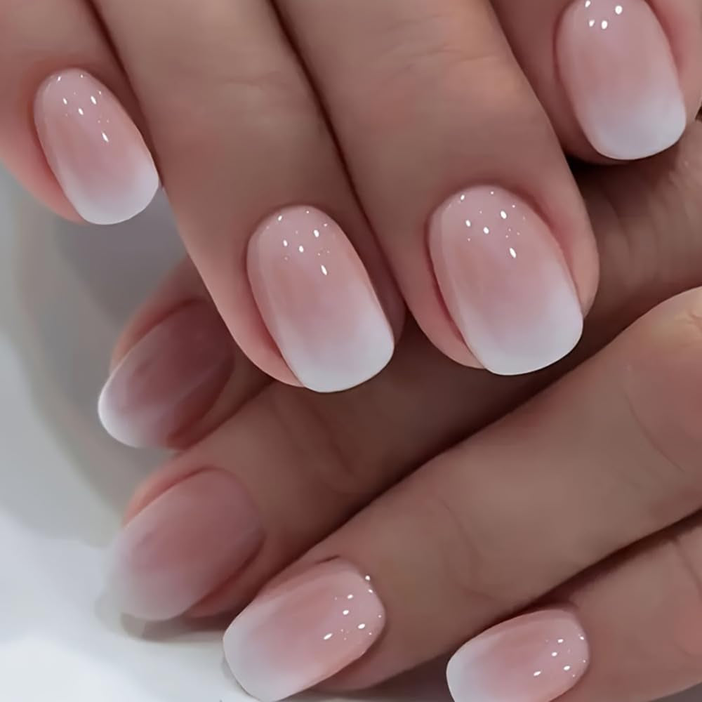 Set unghie finte adesive - Unghie finte francesi - 24 pezzi Design quadrato corto Unghie artificiali con sfumatura rosa bianca e manicure con ballerina (Short Pink Gradient)