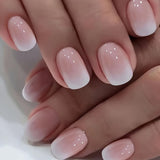 Set unghie finte adesive - Unghie finte francesi - 24 pezzi Design quadrato corto Unghie artificiali con sfumatura rosa bianca e manicure con ballerina (Short Pink Gradient)