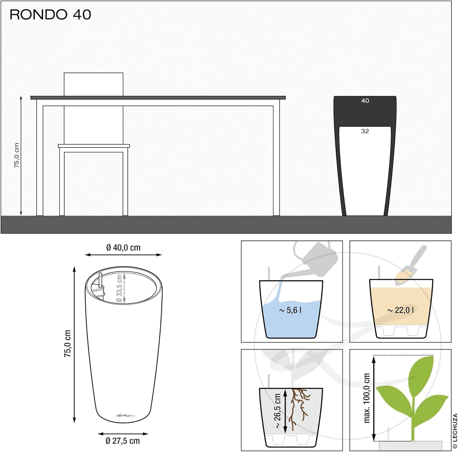 Fioriera LECHUZA Rondo Premium 32 Bianco Opaco | Colonna per piante con sistema di irrigazione, indicatore del livello dell'acqua e inserto per piante | Finitura opaca | Ø 32,5 x 56,5 cm | 15786