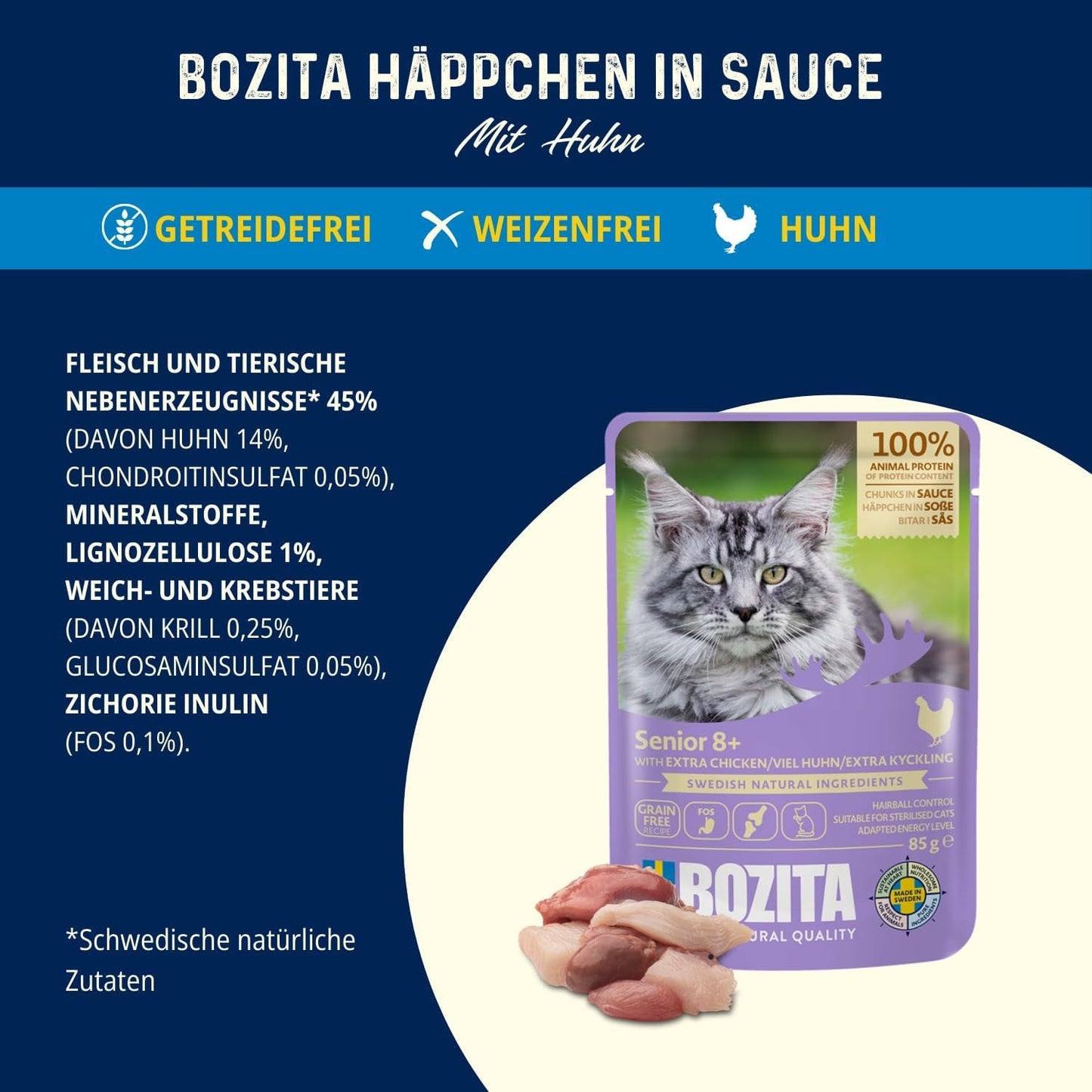 Bozita Senior 8+ Mound cibo umido per gatti con cereali e tanto pollo - 12 buste x 85g, cibo umido per gatti senza cereali e frumento - Cibo umido per gatti con 8,5% di proteine ​​e 4,5% di grassi