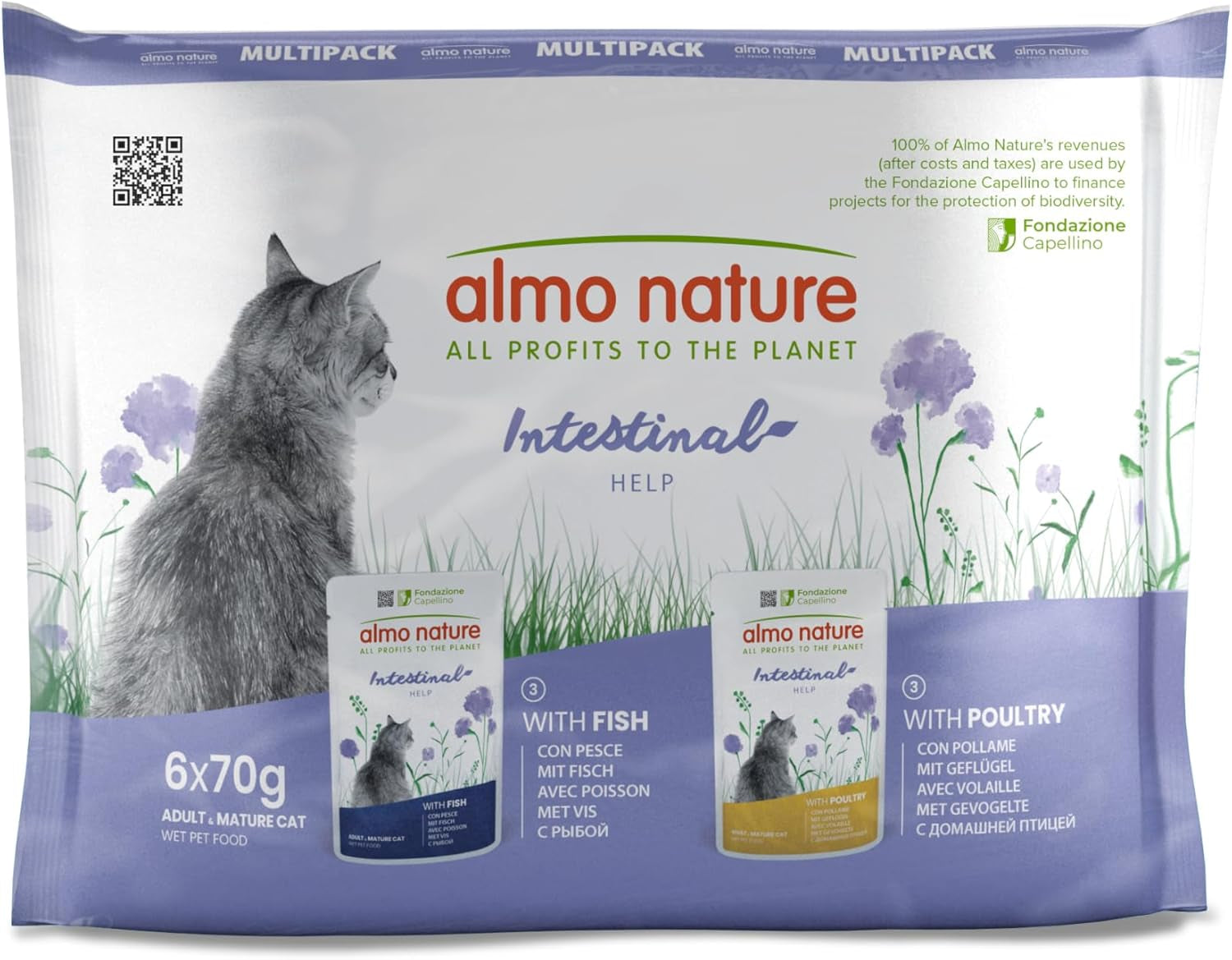 Almo Nature Functional - Intestinal Help - Alimento umido per gatti adulti con intestino sensibile - con pesce e pollame - sostiene il microbioma - 70g (confezione da 6)
