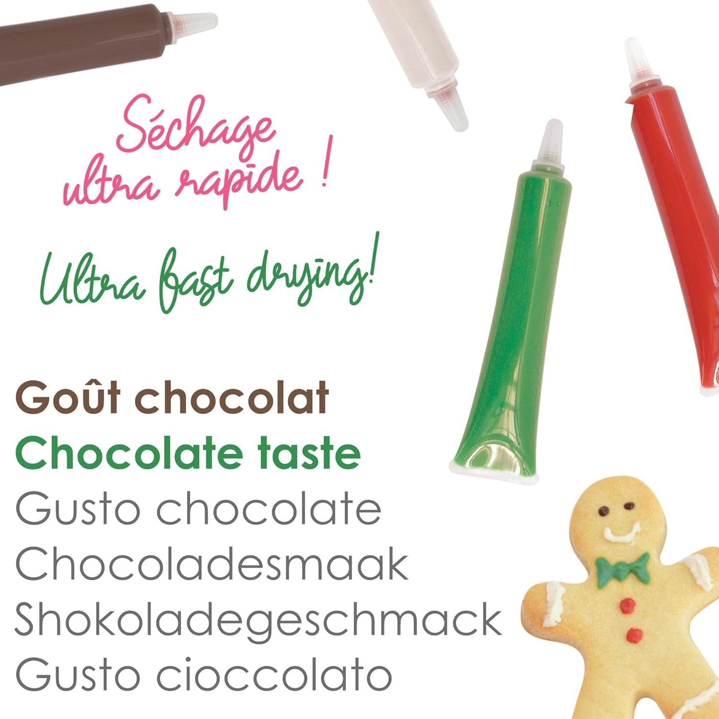 Scrapcooking - Set di 4 matite colorate al cioccolato natalizio - Marrone, Bianco, Verde e Rosso - Colorante commestibile - Colorante alimentare per scrivere - Scrivi e disegna su dessert, torte e biscotti - 7060