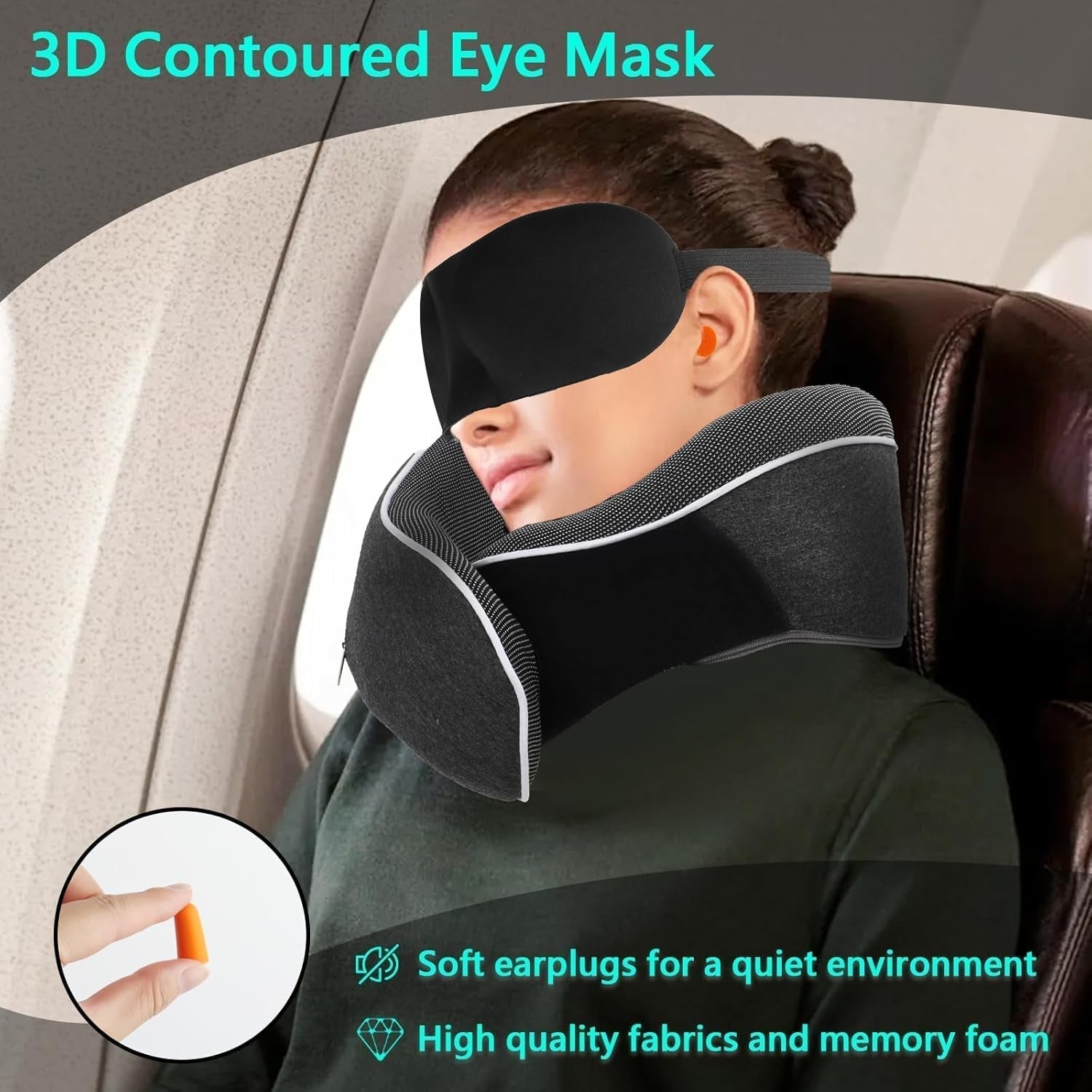 KILDOWS Cuscino per il collo dell'aereo, Cuscino da viaggio in memory foam, Cuscino da viaggio per l'aereo con maschera per gli occhi e tappi per le orecchie, Cuscino per il collo ortopedico, Ideale per viaggiare in aereo, macchina, treno Cuscini ortopedici cervicali Naty Shop