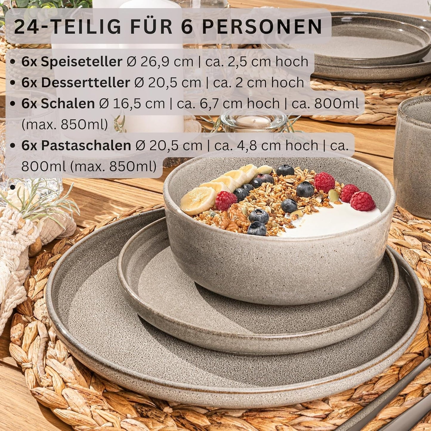 SÄNGER Cairo Clay | Set di stoviglie da 24 pezzi, set di stoviglie in gres per 6 persone, 6 piatti, 6 piatti da dessert, 6 ciotole per pasta, 6 ciotole da portata, set di stoviglie grigio | LA COLLEZIONE DI VALORE