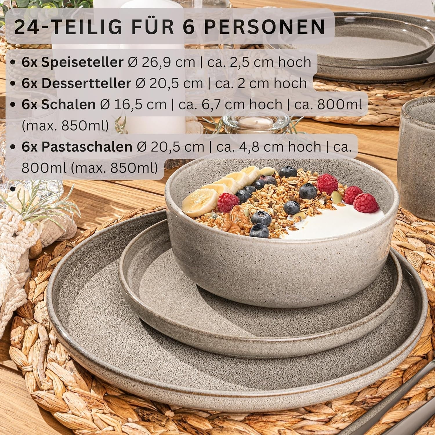 SÄNGER Cairo Clay | Set di stoviglie da 24 pezzi, set di stoviglie in gres per 6 persone, 6 piatti, 6 piatti da dessert, 6 ciotole per pasta, 6 ciotole da portata, set di stoviglie grigio | LA COLLEZIONE DI VALORE