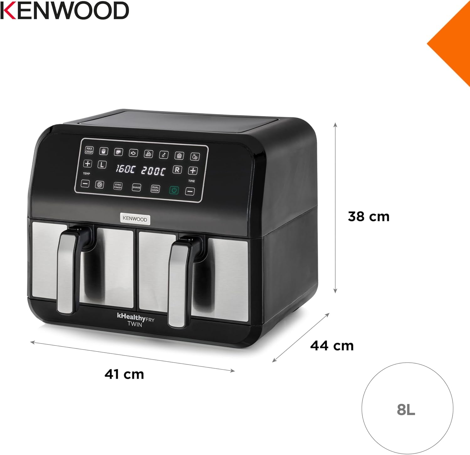 Kenwood Khealthy Twin Airfryer, 8L (2X4L), doppia camera, 8 programmi, funzione Dual Cook & Sync Finish, touch screen Elettrodomestici Naty Shop