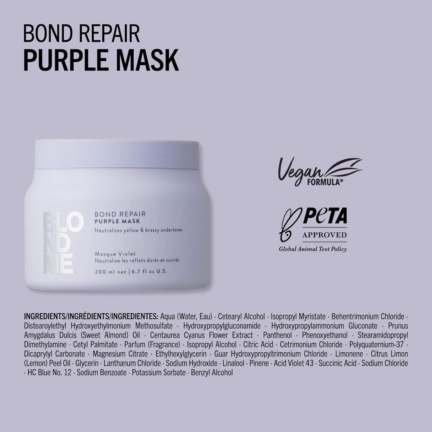 Schwarzkopf Professional BLONDME Bond Repair Purple Mask Maschera per capelli freddi Neutralizza i toni gialli per capelli tinti, decolorati e chiari Condizionante profondo e rinforzante 200 ml Maschera per capelli Naty Shop