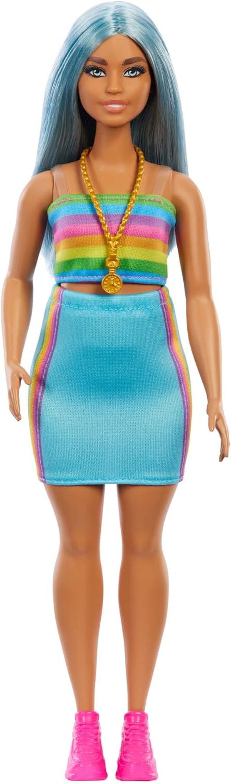 Bambola Barbie Fashionistas n. 218 con lunghi capelli blu, top arcobaleno e gonna turchese, bambola di moda da collezione per il 65° compleanno, HRH16 Naty Shop Dolls