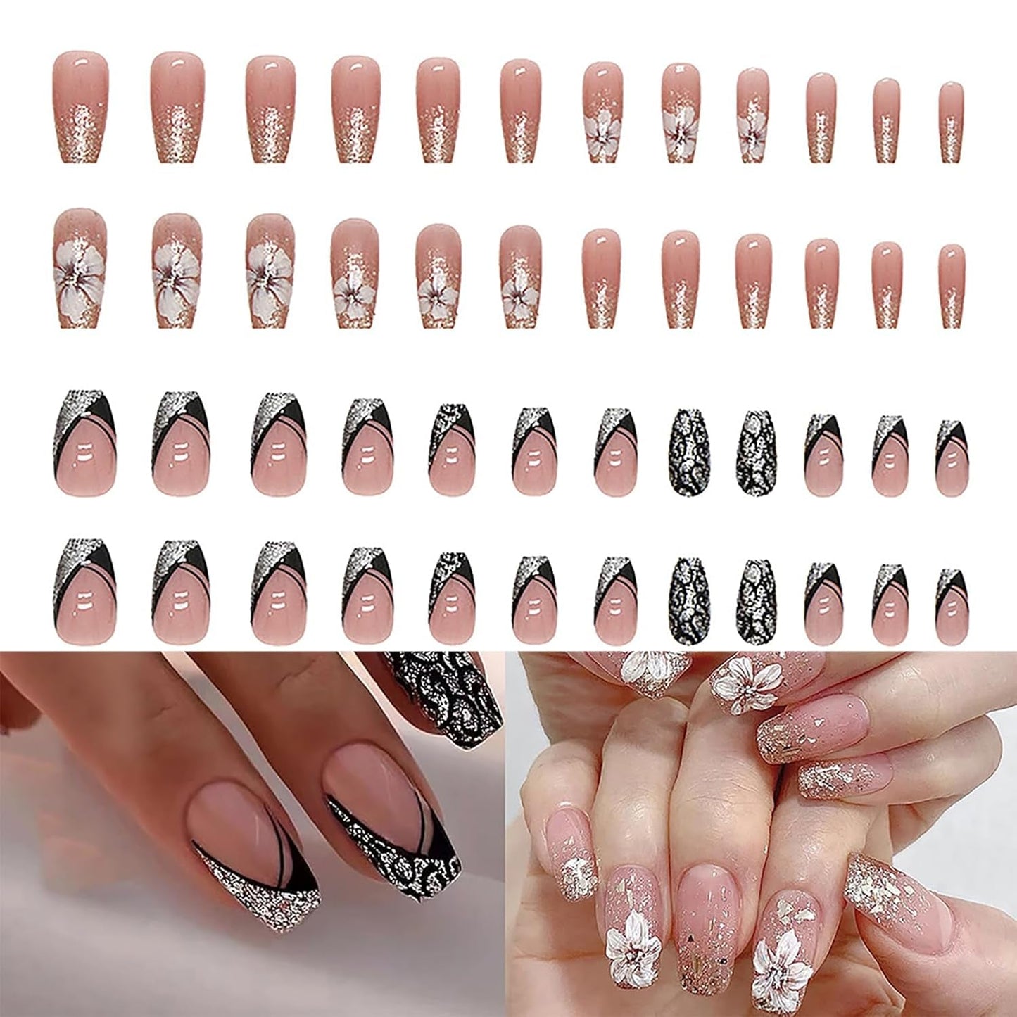 Unghie artificiali Glitter naturali Stampa breve su unghie glitter autoadesive acriliche per donne Ragazze Accessori per nail art 48 pezzi