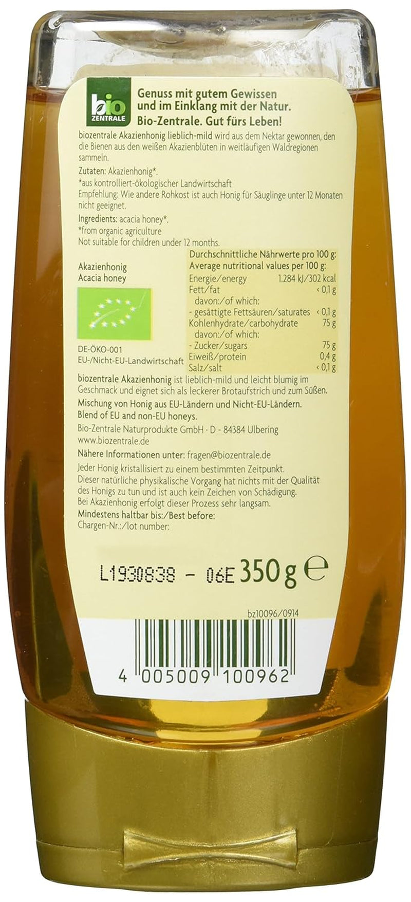 Biozentrale Miele di acacia biologico | 350 g Miele biologico di fiori di acacia bianca | Ideale da spalmare Miele biologico per il tè | Alternativa al miele di favo (confezione da 2)