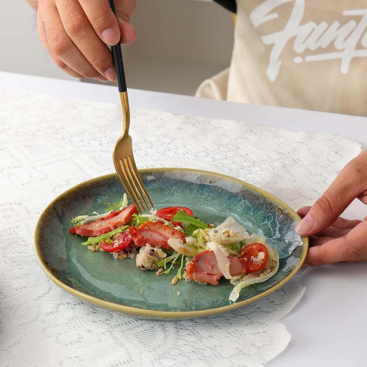 Henten Home Piatti speciali in gres, ciotole per snack e salse - 20x17 cm per 4 persone, piatti da colazione in porcellana - design moderno verde