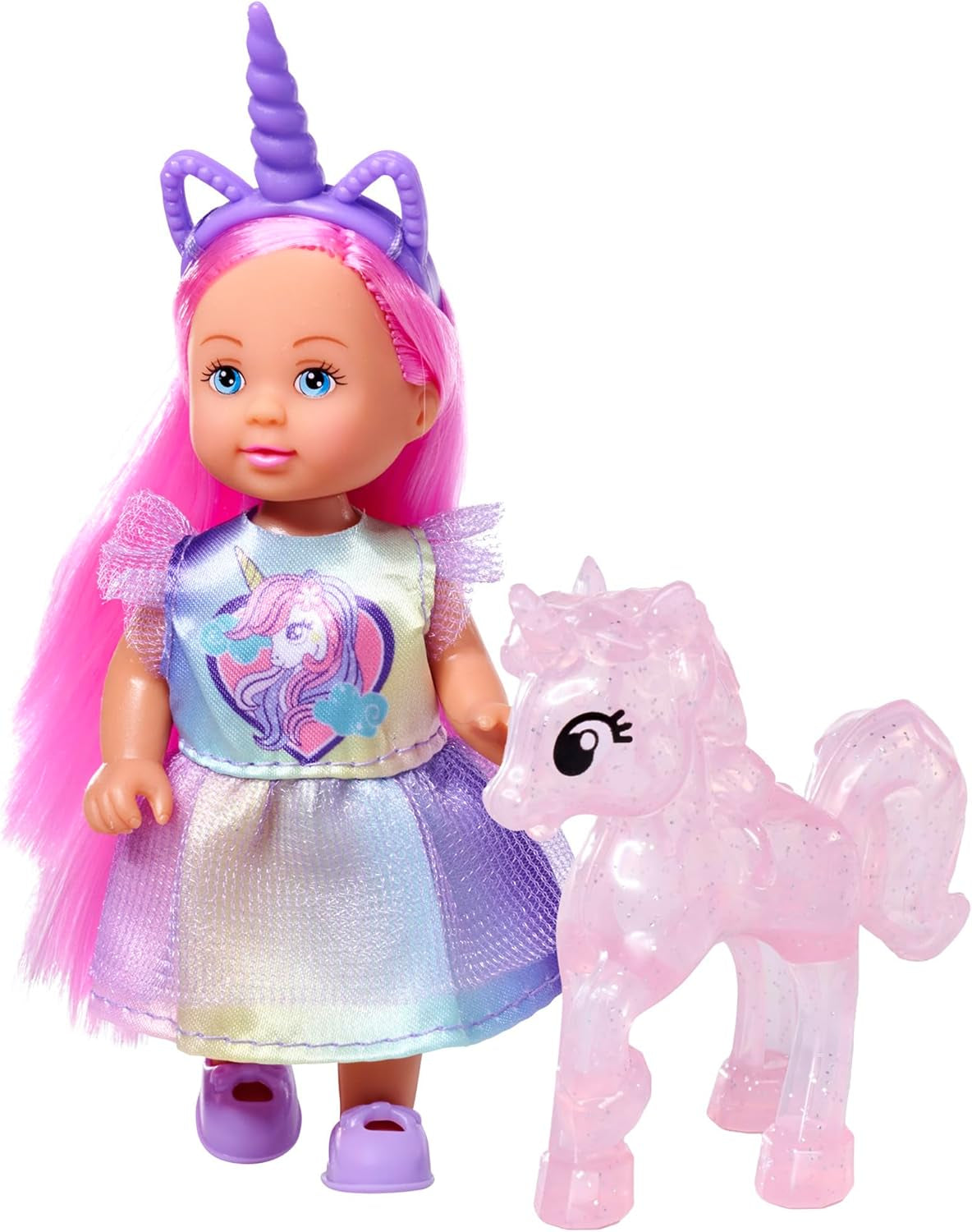 Simba Evi Love Unicorn Play Doll che indossa un grazioso vestito da unicorno con fascia abbinata, incluso un unicorno con stalla, mele e una bottiglia per bere, 12 cm, dai 3 anni in su