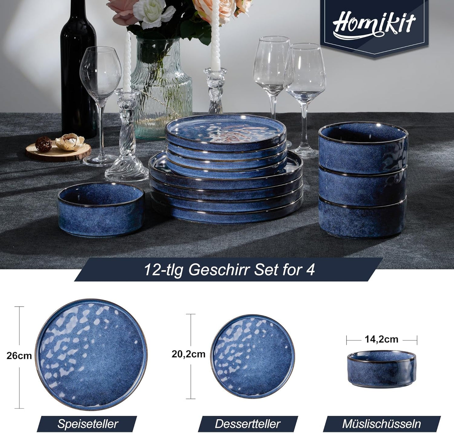 Homikit Servizio Piatti, Servizio Piatti 12 Pezzi per 4, Servizio Piatti Combo con Piatti, Piattini Dessert e Ciotole Cereali, Adatto al Microonde e alla Lavastoviglie, Elegante Blu