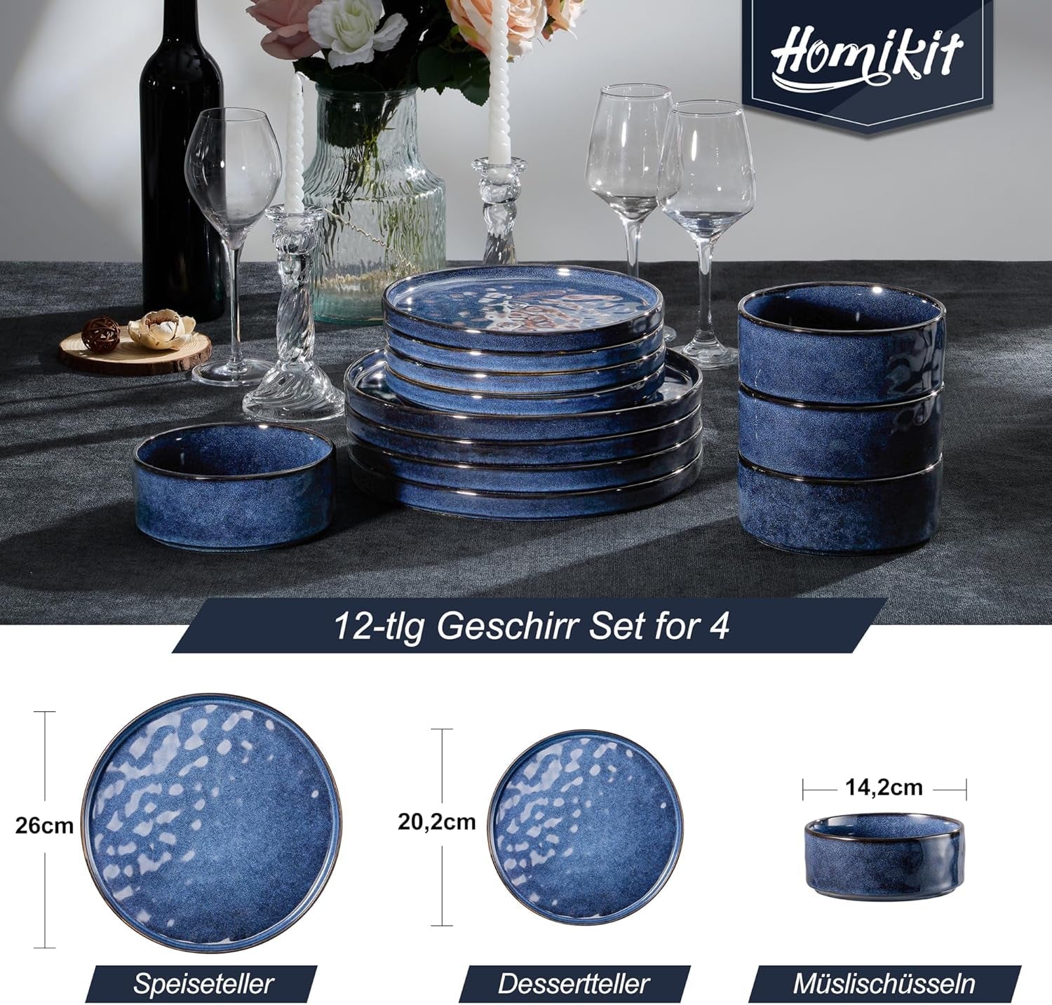 Homikit Servizio Piatti, Servizio Piatti 12 Pezzi per 4, Servizio Piatti Combo con Piatti, Piattini Dessert e Ciotole Cereali, Adatto al Microonde e alla Lavastoviglie, Elegante Blu