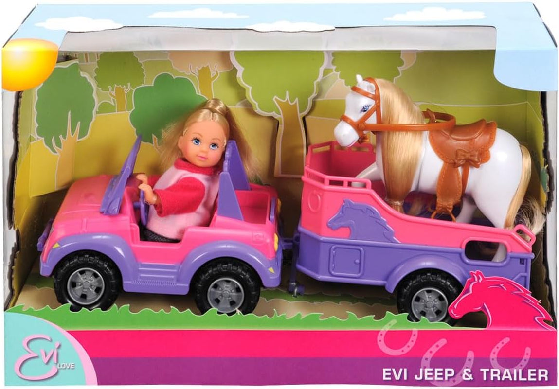 Simba 105737460 - Evi Love Evi rimorchio per cavalli con Jeep rosa, cavallo viola e ciondolo pony, bambola da vestire, 12 cm, dai 3 anni in su Bambole Naty Shop Titolo predefinito