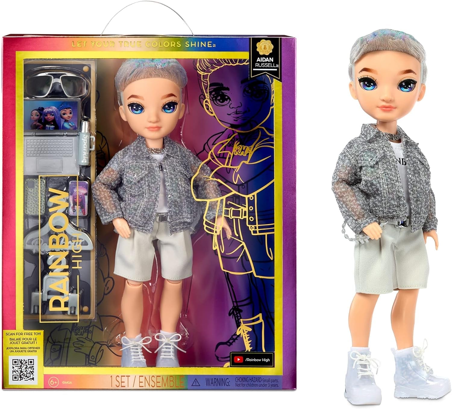 Bambola Arcobaleno di Alta Moda - Aidan Russell - Bambola Viola - Abito alla moda e 10+ Accessori da Gioco Colorati - Per Collezionisti e Bambini dai 4 ai 12 Anni