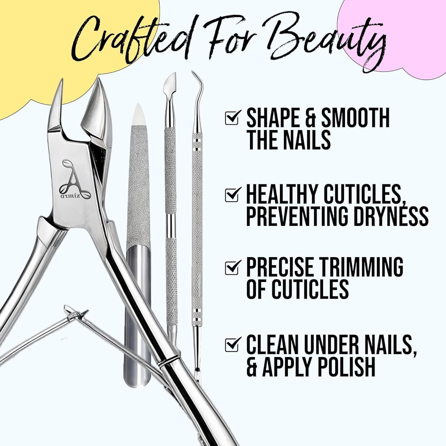 ARMIZ Set di 4 pinze e spingi cuticole, set di strumenti professionali per la rimozione delle cuticole, pinze multiuso per manicure e pedicure in acciaio inossidabile