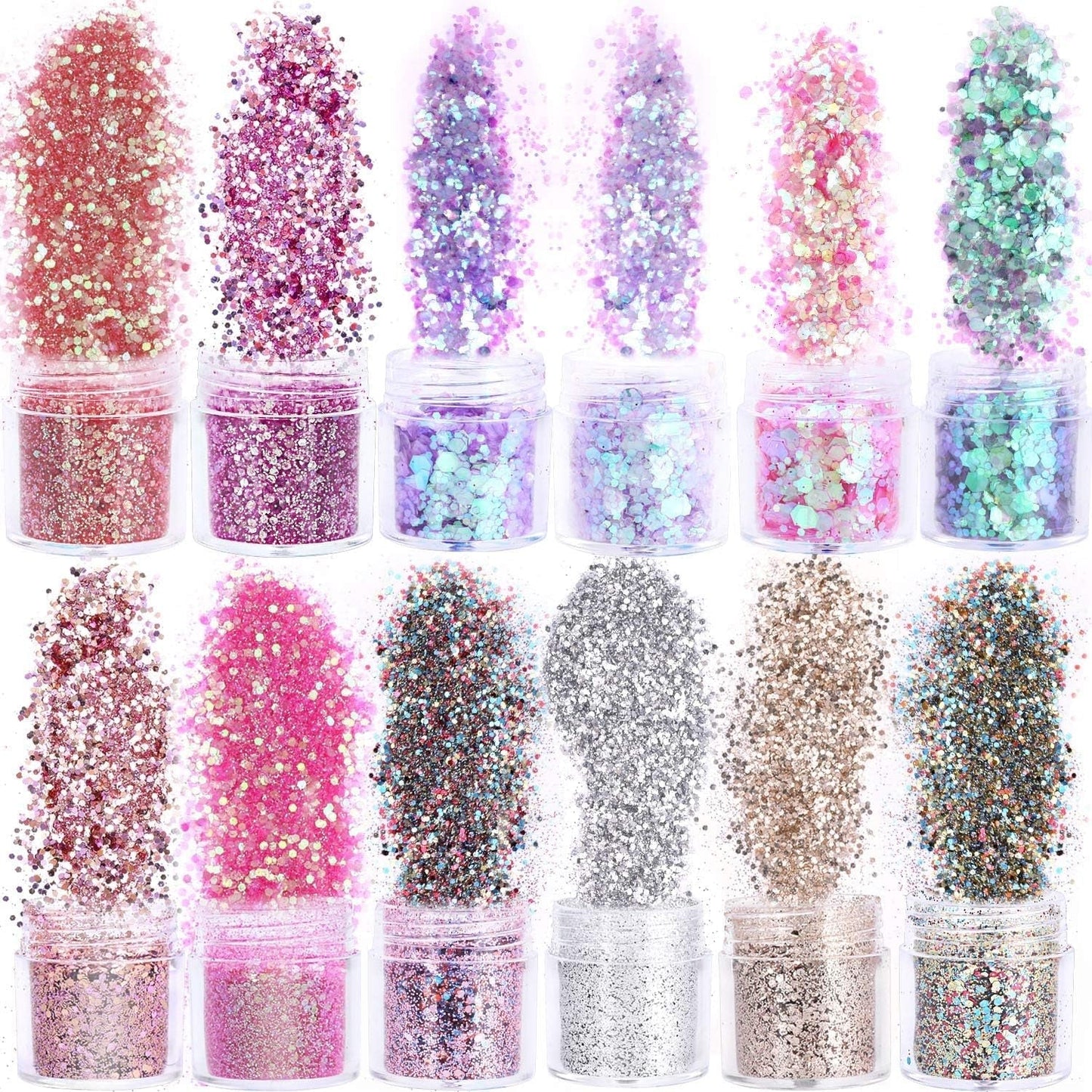 Howaf 12 scatole glitter per unghie viso corpo pennello glitter trucco glitter per unghie occhi labbra capelli decorazione del corpo Halloween Natale Festival mascherata accessori per il trucco