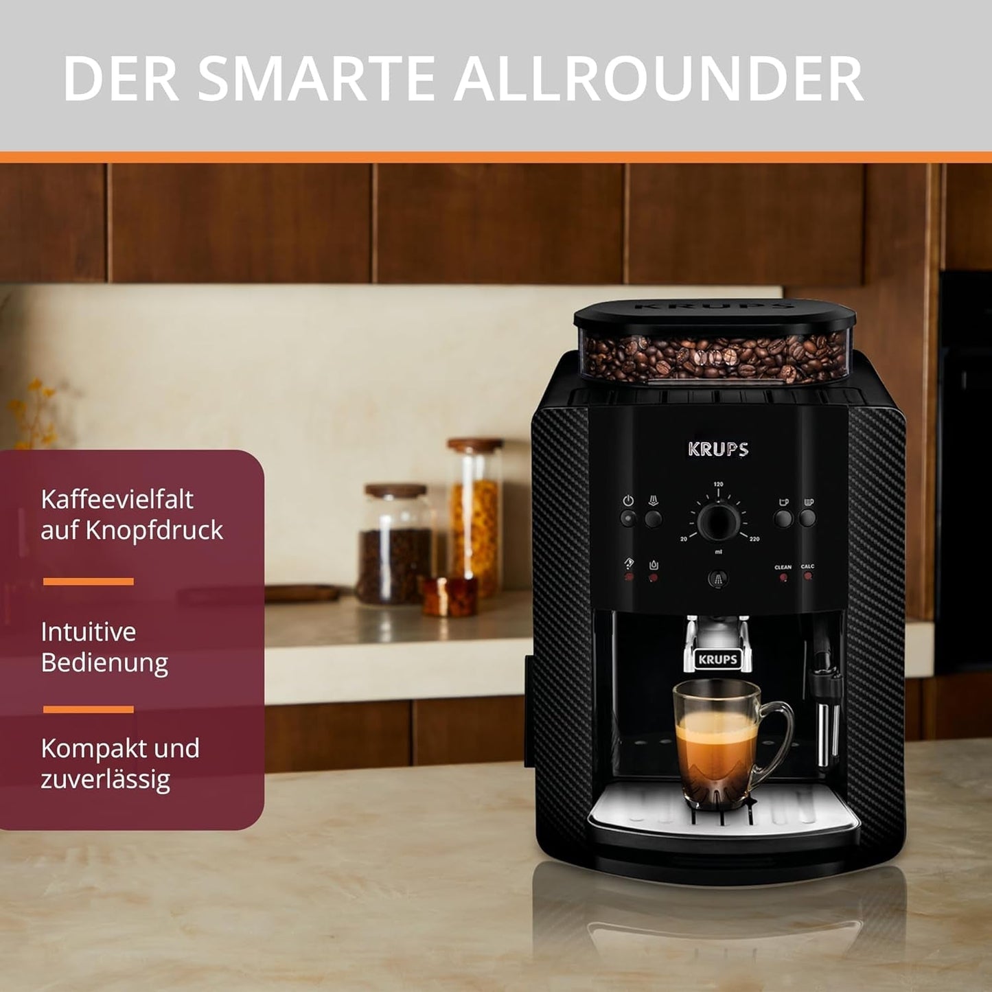 Macchina per caffè espresso automatica KRUPS Arabica Picto, design compatto, facile da usare, controllo rotativo regolabile intuitivo, montalatte, funzione 2 tazze, macchina per caffè espresso, nero, EA810870