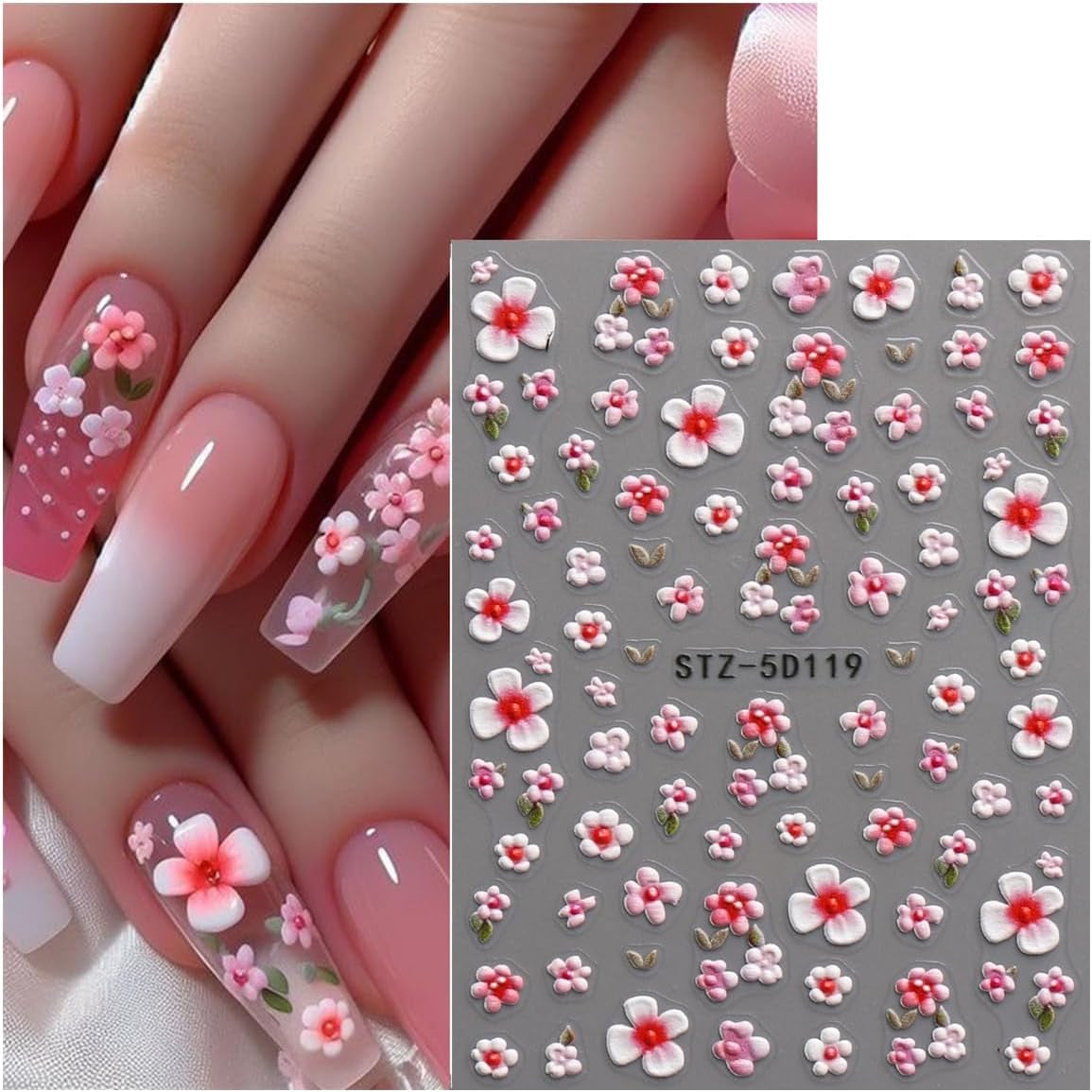JMEOWIO 3D Nagelsticker Blume Nail Art Sticker Self-klebend Nagelaufkleber 5D Stereoscopico Frühling Sommer Floral Dekoration Nageldesign Zubehör 4 Blatt
