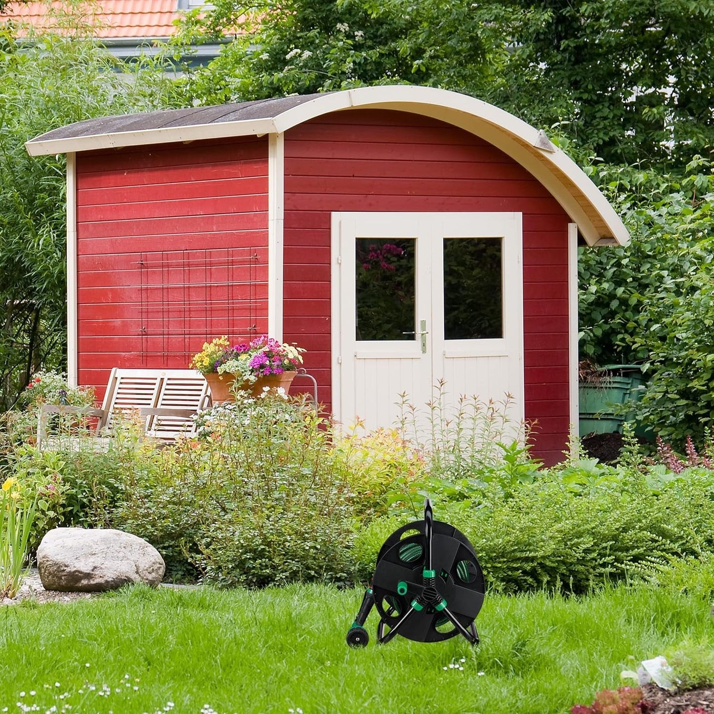 Relaxdays Avvolgitubo, Avvolgitubo Vuoto per Acqua, Tubo da Giardino da 30 m 1/2", Altezza-Larghezza 39 x 43 x 30 cm, Nero-Verde