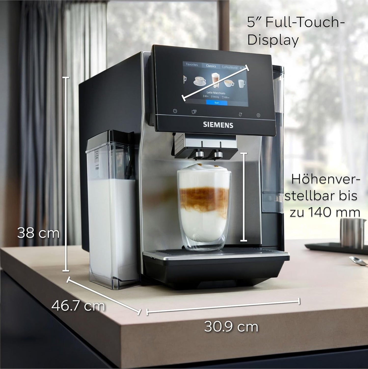 Macchina per caffè espresso completamente automatica Siemens EQ700, ampio schermo TFT a colori, 36 bevande calde e fredde, birra fredda, funzione 2 tazze, controllo app, sistema di pulizia automatico, acciaio inossidabile nero, TQ717D03