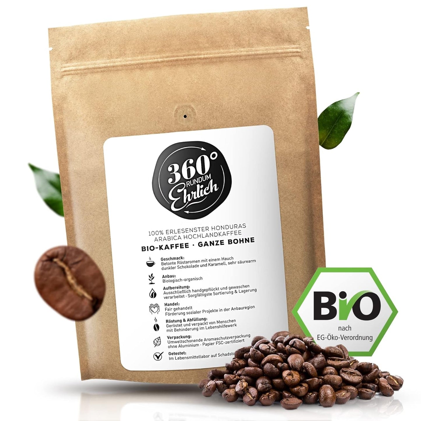 Premium Bio Kaffeebohnen 1000g, 100% Honduras Hochland Arabica Kaffeebohnen Bio - Köstlich, Mild, säurearm - Bio Kaffee ganze Bohnen - Ideal als Kaffeebohnen Vollaautomat - 360° Rundum Ehrlich