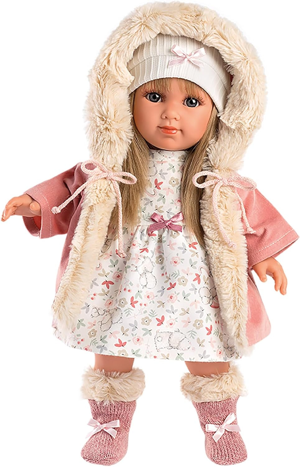 Llorens 1053541 Elena Capelli Biondi Occhi Azzurri Moda Corpo Morbido Bambola Incluso Abito Alla Moda con Cappotto con Cappuccio 35 cm