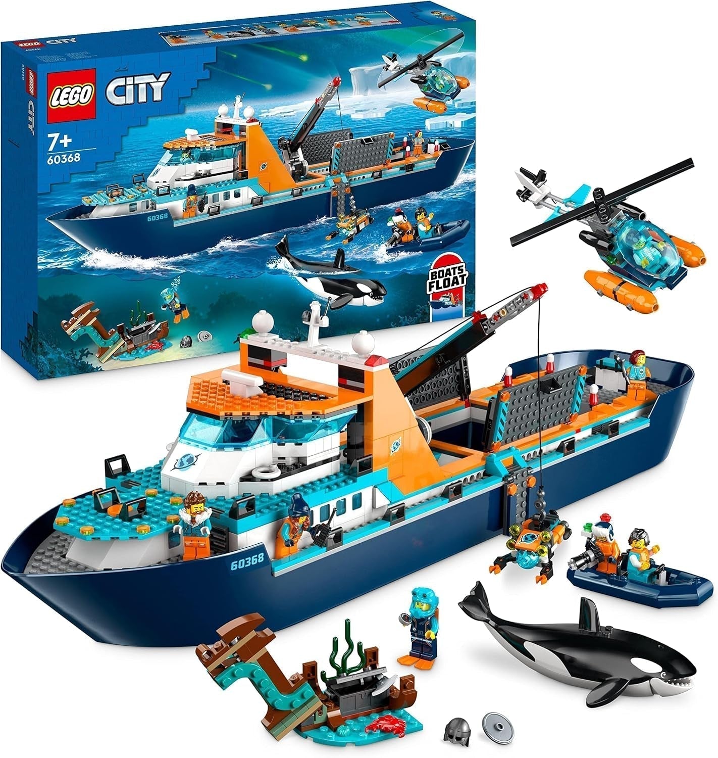LEGO City Nave da ricerca artica, grande barca giocattolo galleggiante con elicottero, gommone, sottomarino Rov, relitto vichingo, 7 minifigure e figura dell'orca, regalo per 7+ bambini 60368 Set da costruzione Besuche den LEGO-Store Single