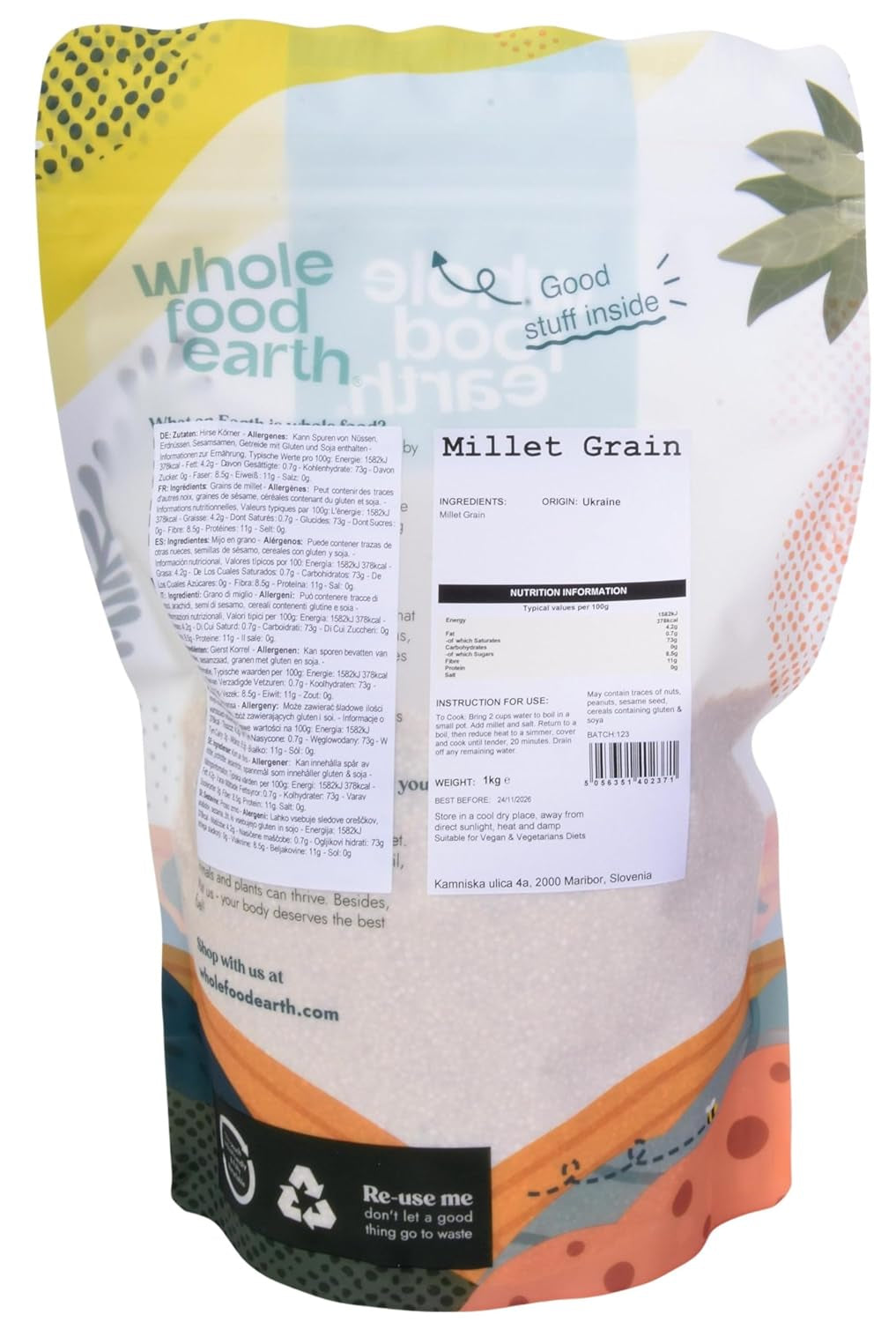 Miglio integrale terrestre - non OGM - naturale - vegano - senza latticini - senza zuccheri aggiunti - 1 kg