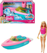 Set motoscafo Barbie, bambola Barbie con capelli biondi, giubbotto di salvataggio rosa, barca, cucciolo, accessori, regali per 3+, Grg30 Naty Shop Dolls Set motoscafo Barbie