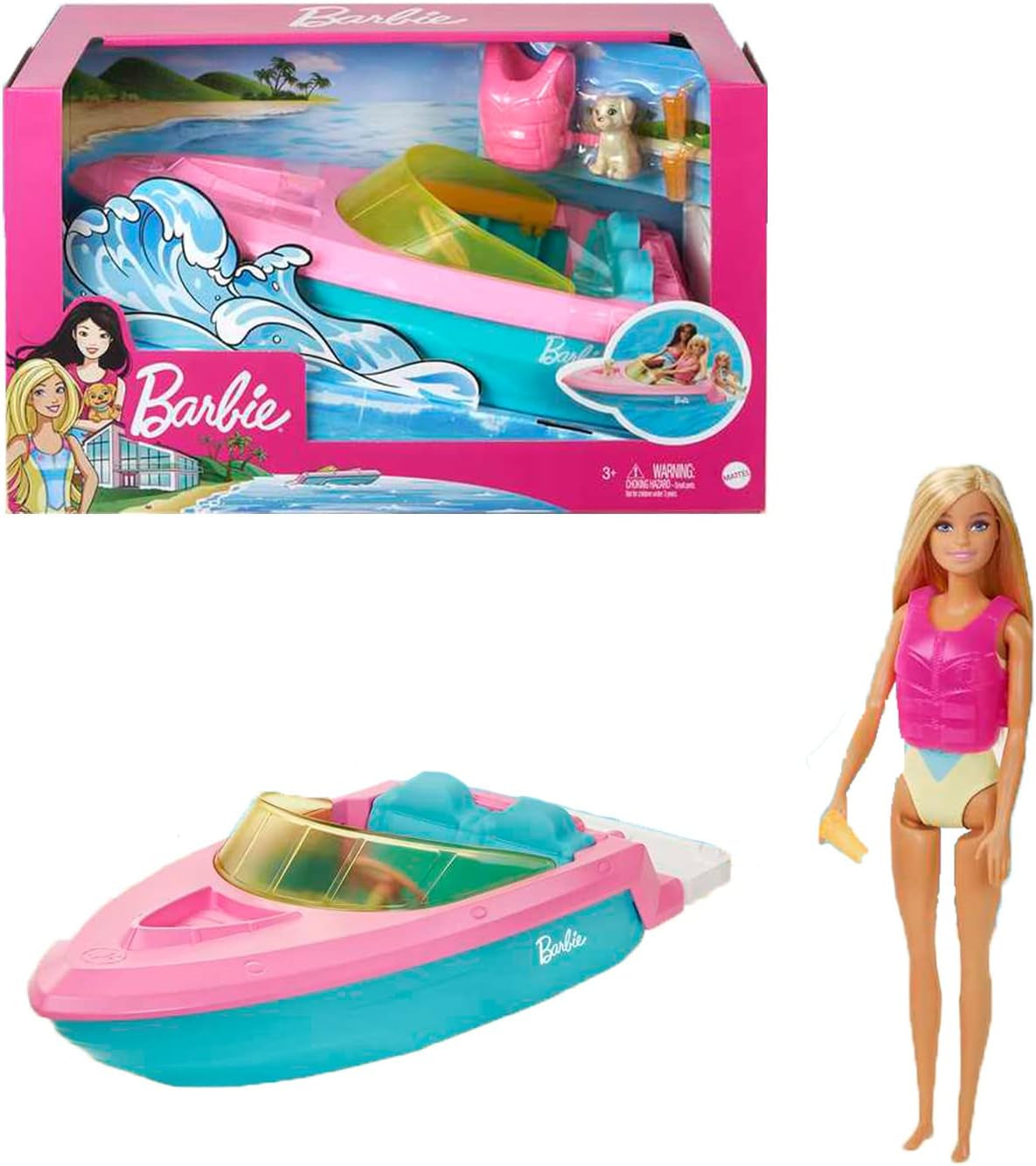 Set motoscafo Barbie, bambola Barbie con capelli biondi, giubbotto di salvataggio rosa, barca, cucciolo, accessori, regali per 3+, Grg30 Naty Shop Dolls Set motoscafo Barbie