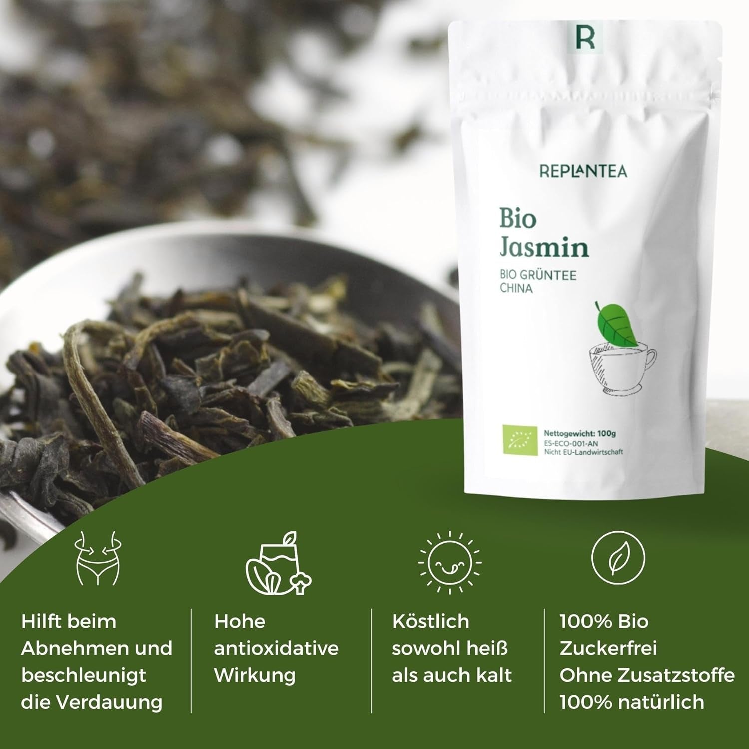 Tè verde biologico al gelsomino 100 g (50 tazze) | Tè al gelsomino proveniente dalla Cina sfuso, qualità biologica REPLANTEA