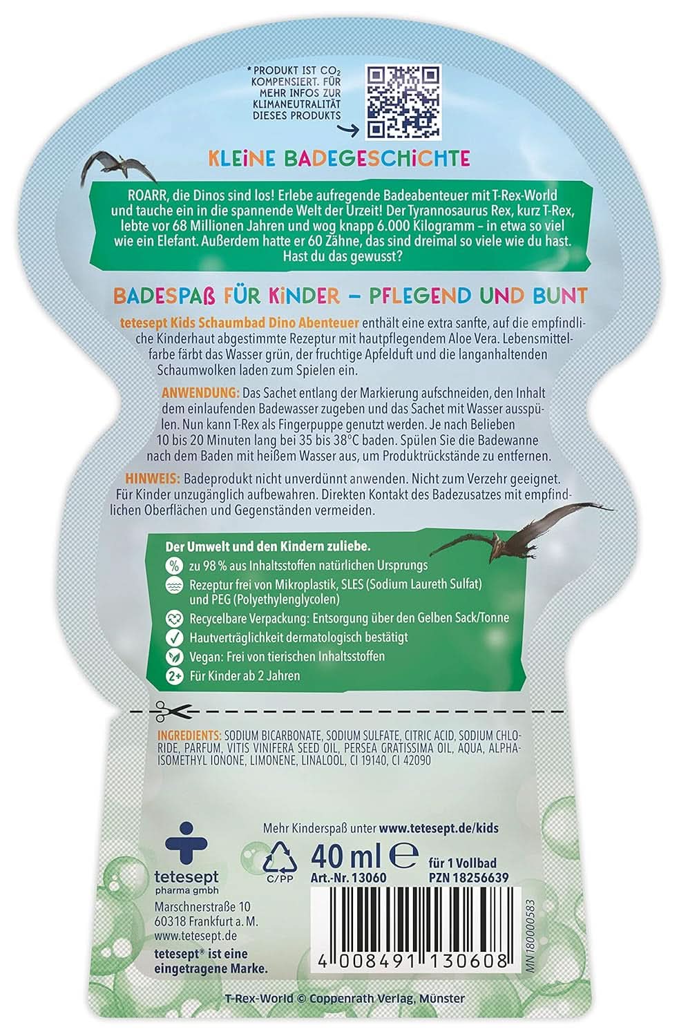 Tetesept Kids Dino - additivo da bagno per bambini, schiuma, colora il verde acqua, 40 ml Naty Shop