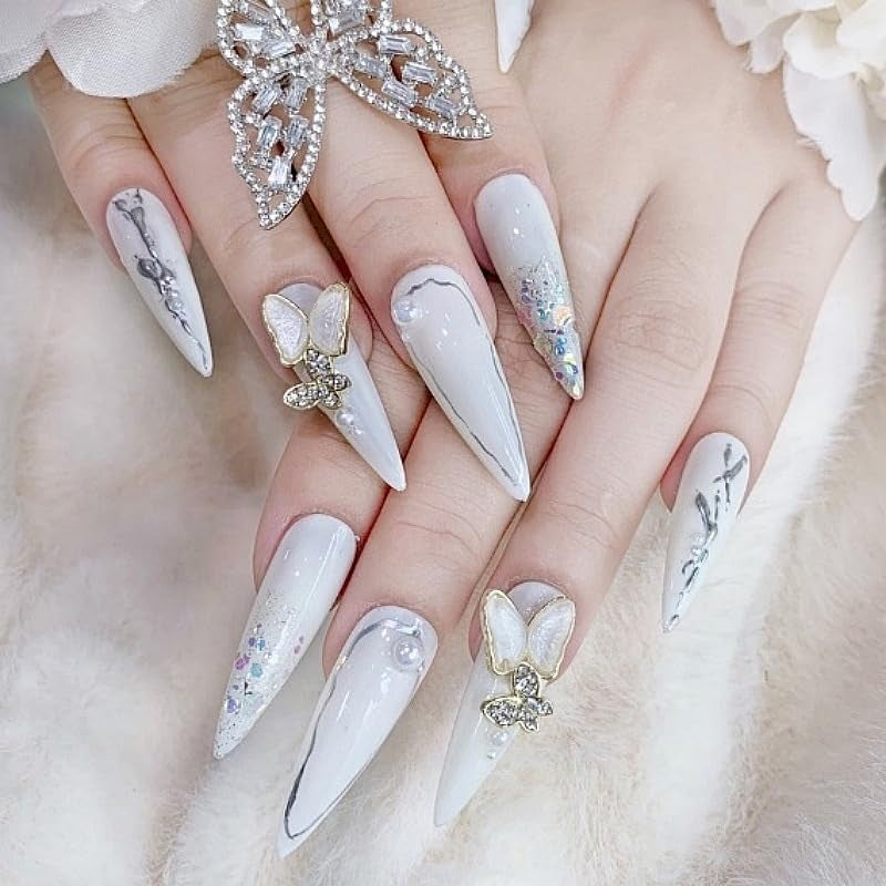 Moonglow Unghie Lunghe Stiletto Bianco Latte Rosa Sfumato Glitter Unghie Finte Fresche Con Colla Unghie Artificiali Glitter Rosa Ombre