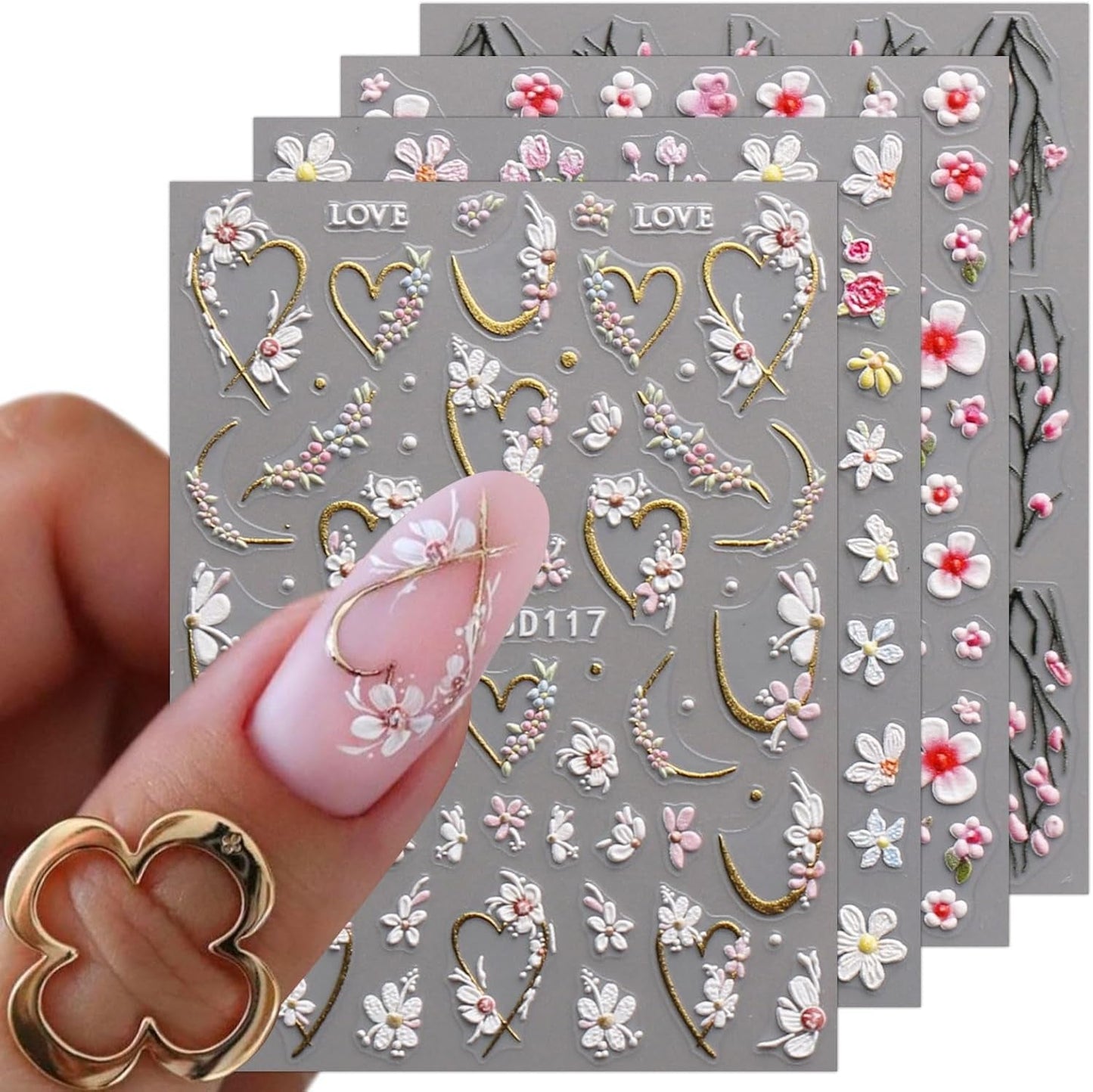 JMEOWIO 3D Nagelsticker Blume Nail Art Sticker Self-klebend Nagelaufkleber 5D Stereoscopico Frühling Sommer Floral Dekoration Nageldesign Zubehör 4 Blatt