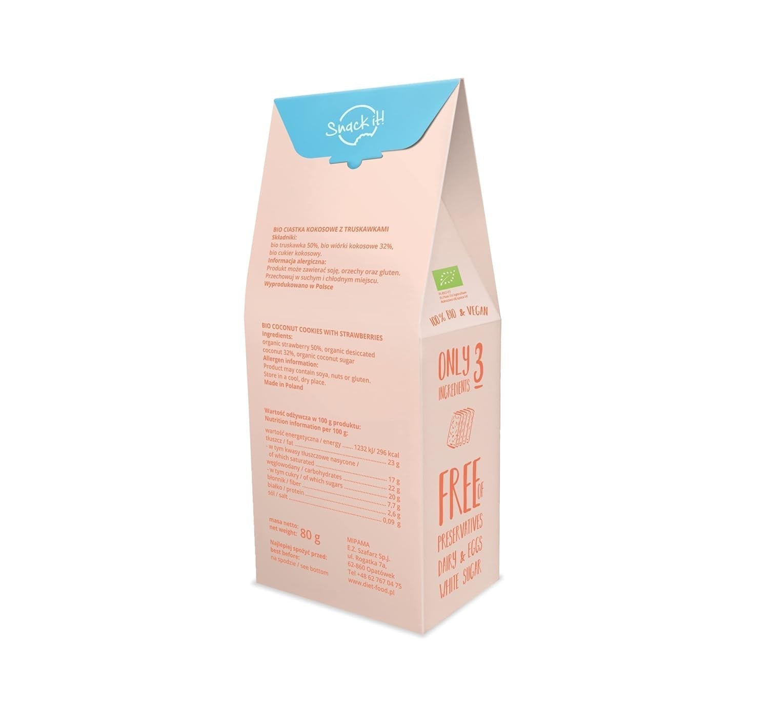 DIET-FOOD Biscotti Biologici con Gocce di Cocco e Fragole Snack salutare Deliziosi biscotti per l'ufficio, senza conservanti 80 g (1 confezione)
