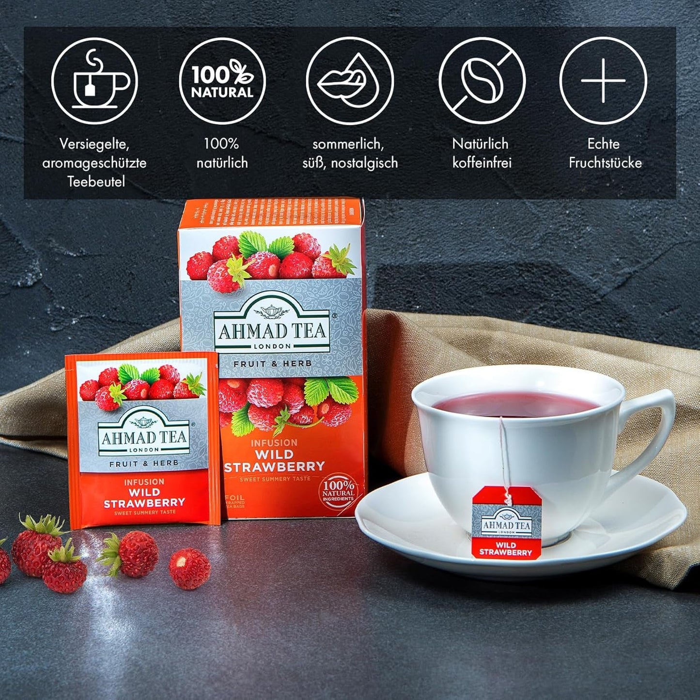 Tè Ahmad - Fragola selvatica - Tisana alla frutta e alle erbe decaffeinato - Fragola - Bustine di tè sigillate confezionate singolarmente con 2 g di tè per porzione - 20 bustine di tè fasciate