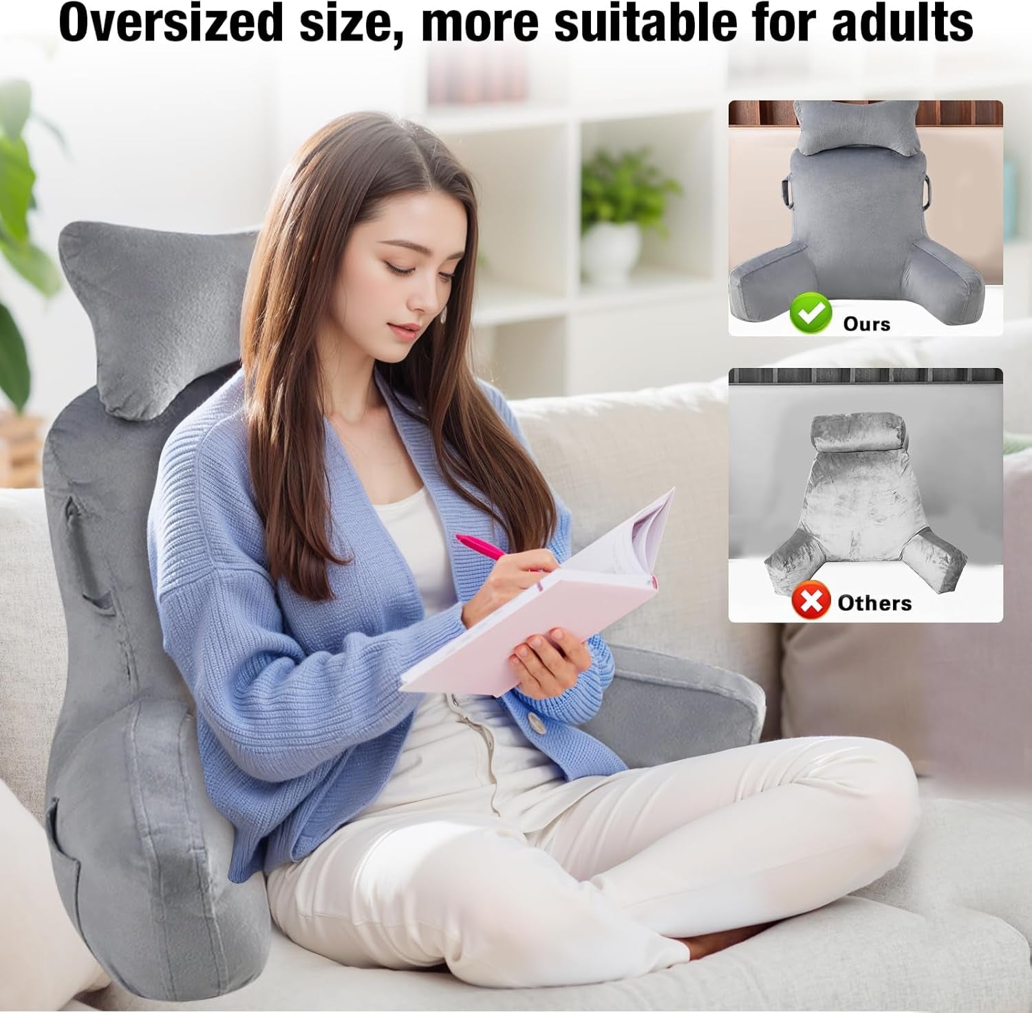 Cuscino da lettura per adulti nel letto, schienale extra large da 90 x 80 cm (LxA) per la lettura con supporto per il collo e braccio di supporto rimovibili, comodo cuscino da lettura per letto, divano o schienale da pavimento