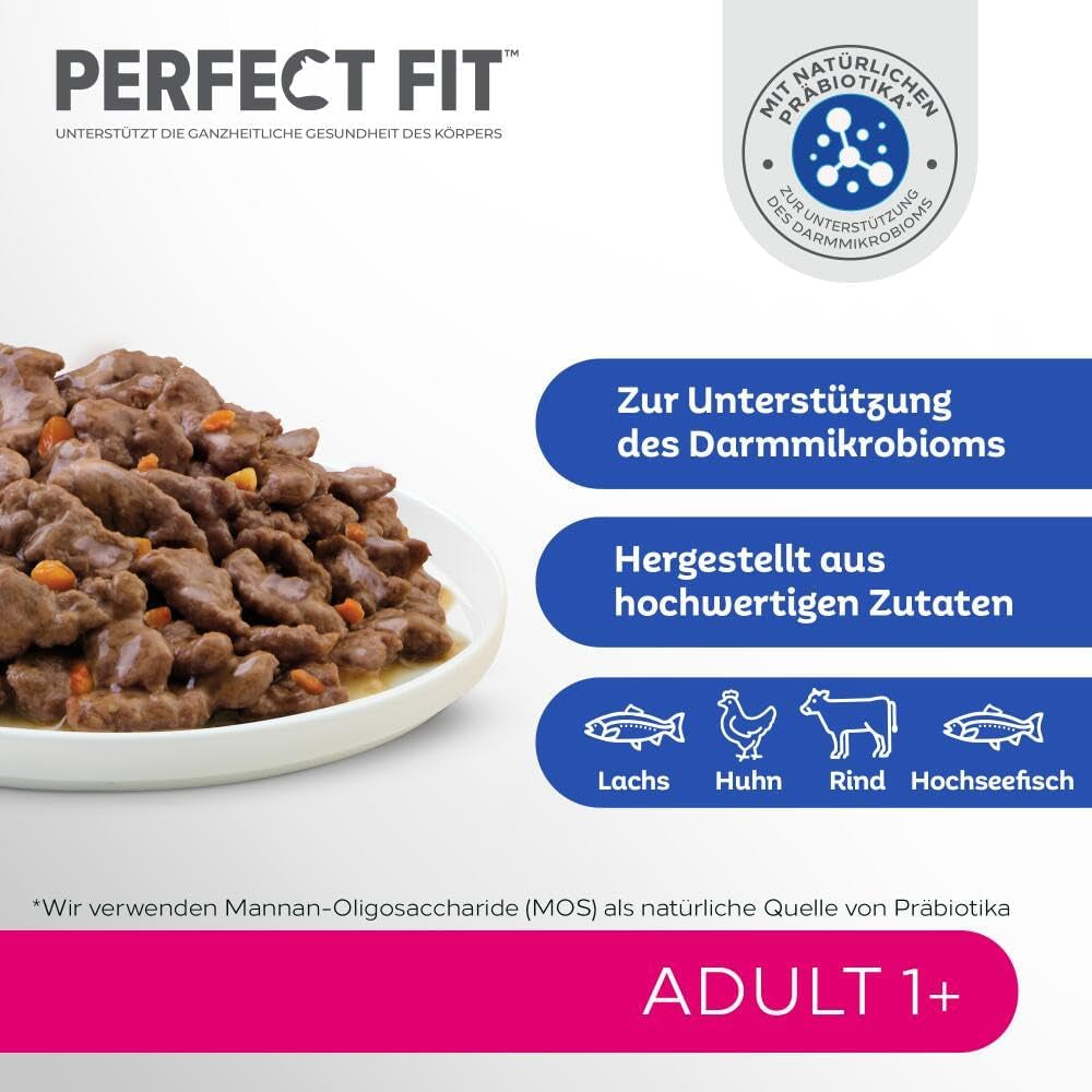 Selezione di cibo umido Perfect Fit Adult 1+ con salmone, pesce di acque profonde, manzo e pollo, 48 bustine, 12x85 g (confezione da 4) - Cibo umido premium per gatti adulti a partire da 1 anno di età